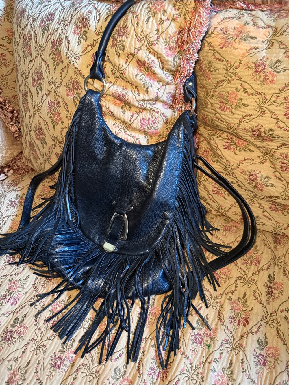 Black Leather Fringe Shoulder Hobo with Gold Accent